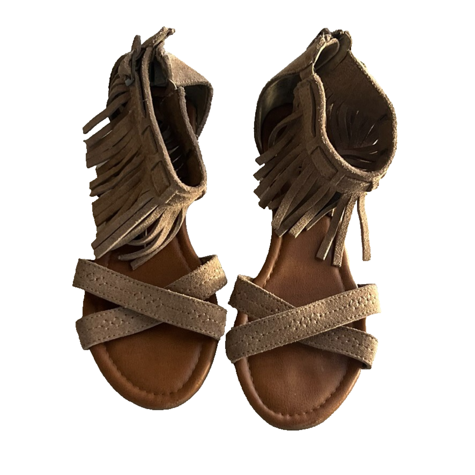 Minnetonka Wedges Women's Size 7 Fringe Sandals Beige Suede Strappy Back Flat